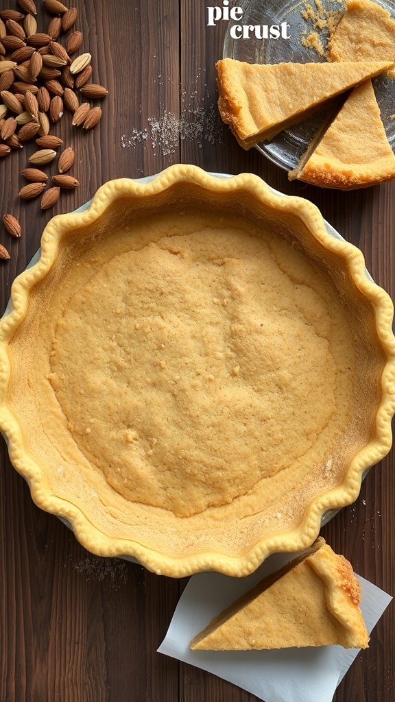 Almond Flour Pie Crust Recipe Golden brown almond flour pie crust in a pie dish on a rustic table.